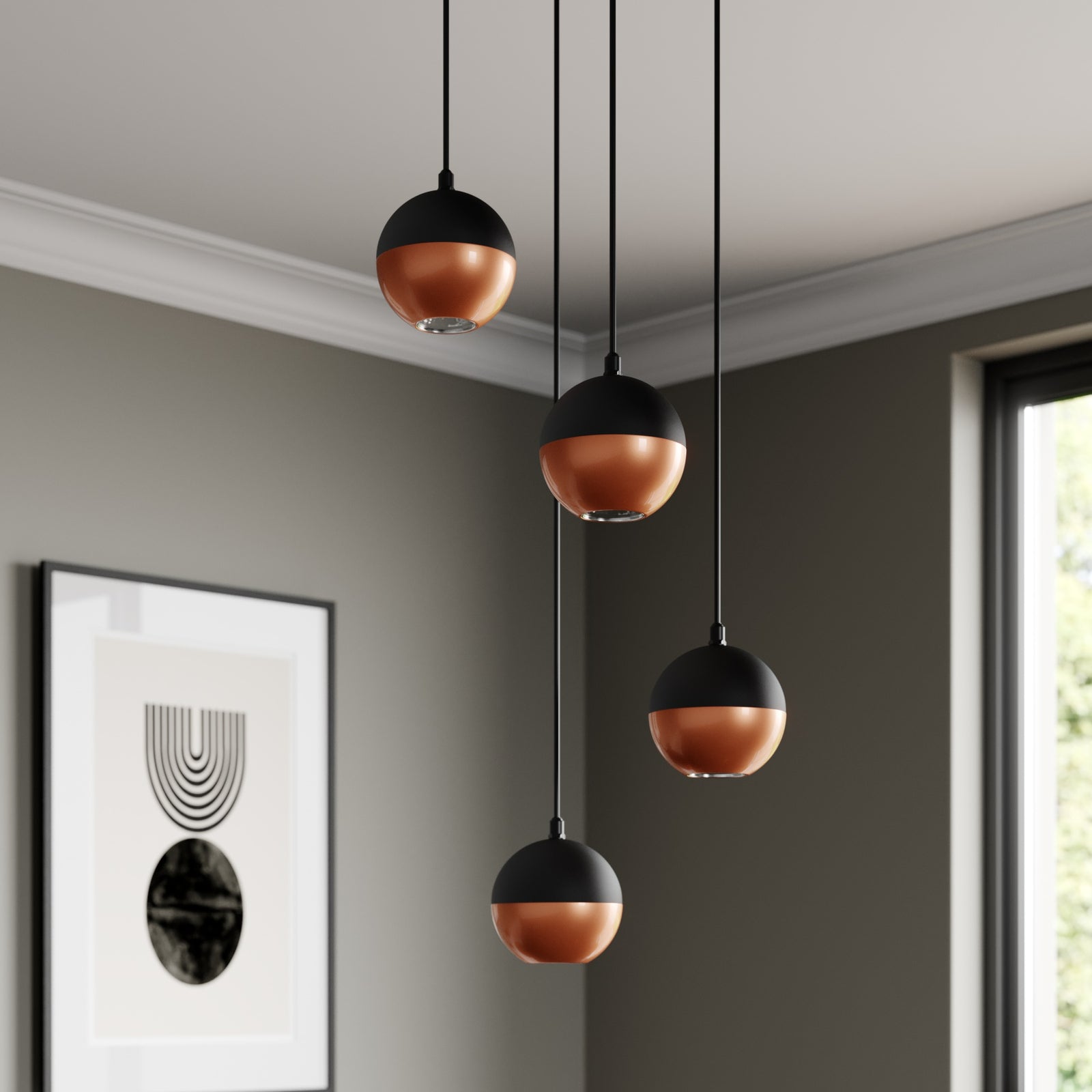 Pendellampe Midway 4-lys svart kobber detalj av finish