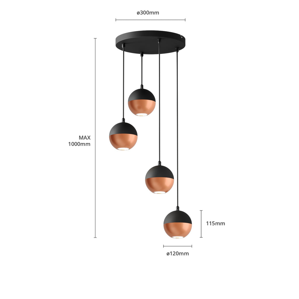 Pendellampe Midway 4-lys svart kobber sideprofil