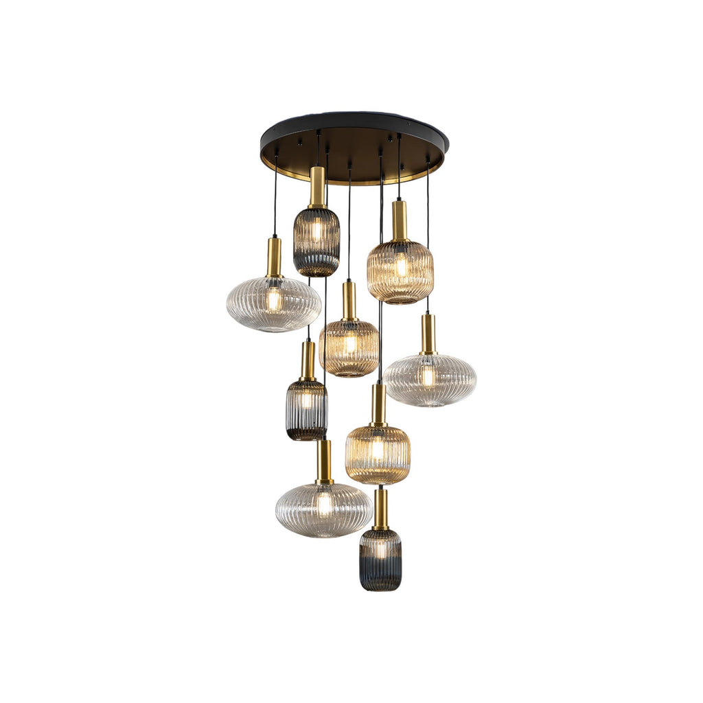 Pendellampe Norma 9-lys glass svart/messing detalj av glasskjerm