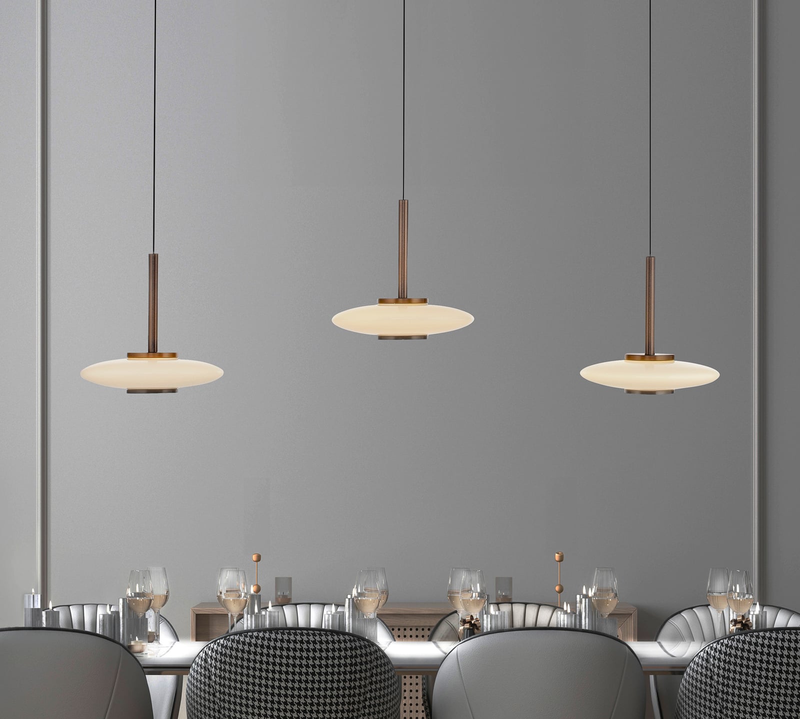 Pendellampe Vitrum 3-lys brun/opal glass dimbar forfra