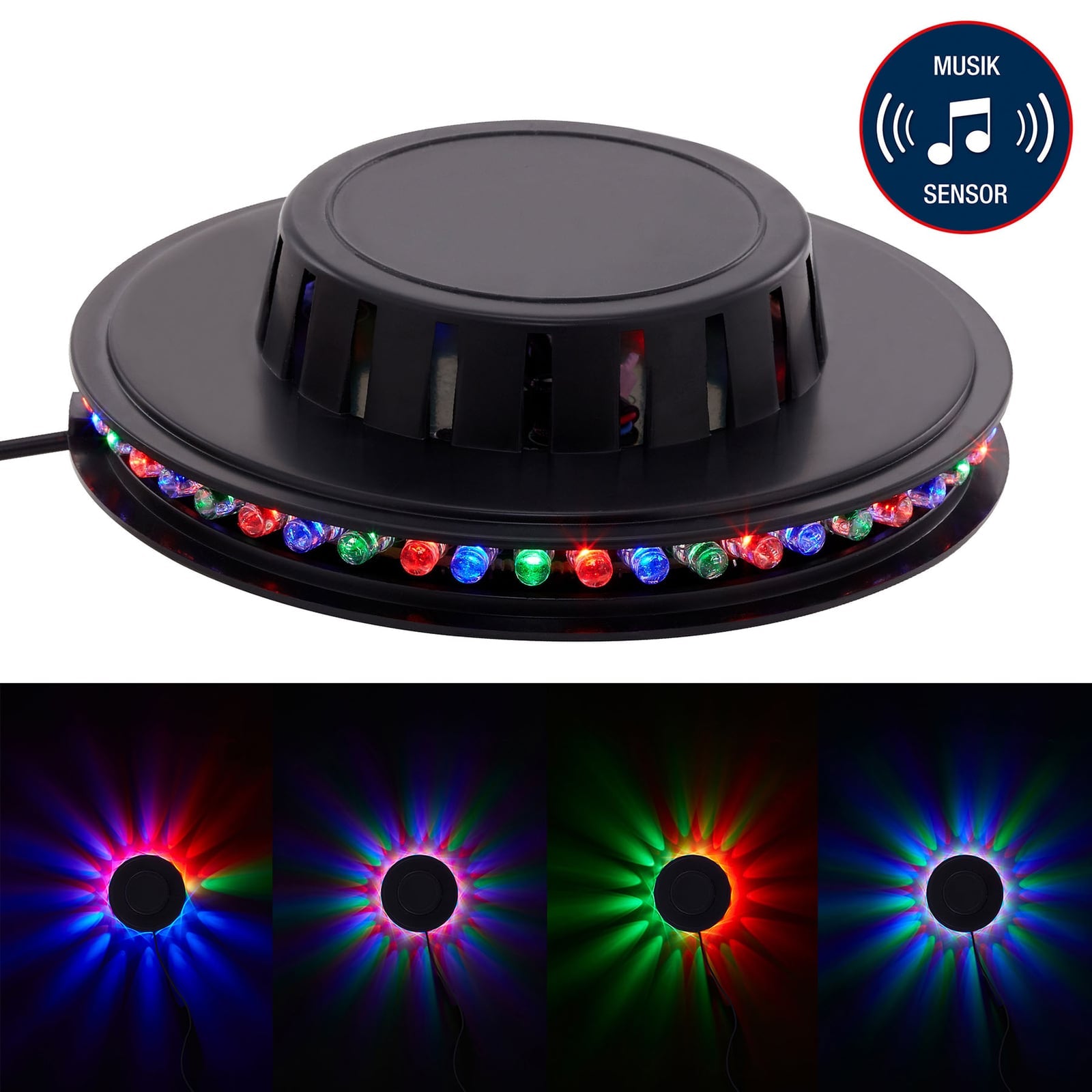 Lysdetalj på RGB LED-lyshjul med musikksensor svart Ø12,5 cm Briloner