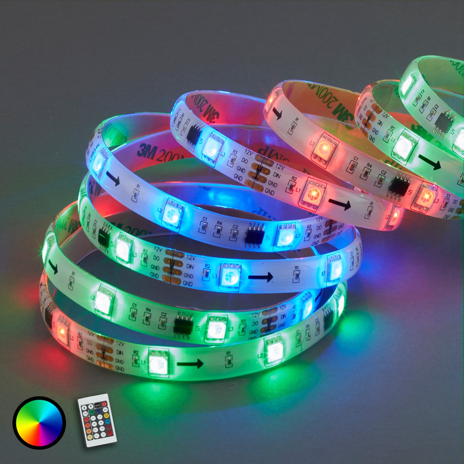 RGB LED-stripe 5m dimbar med fjernkontroll 164 funksjoner - Briloner forfra