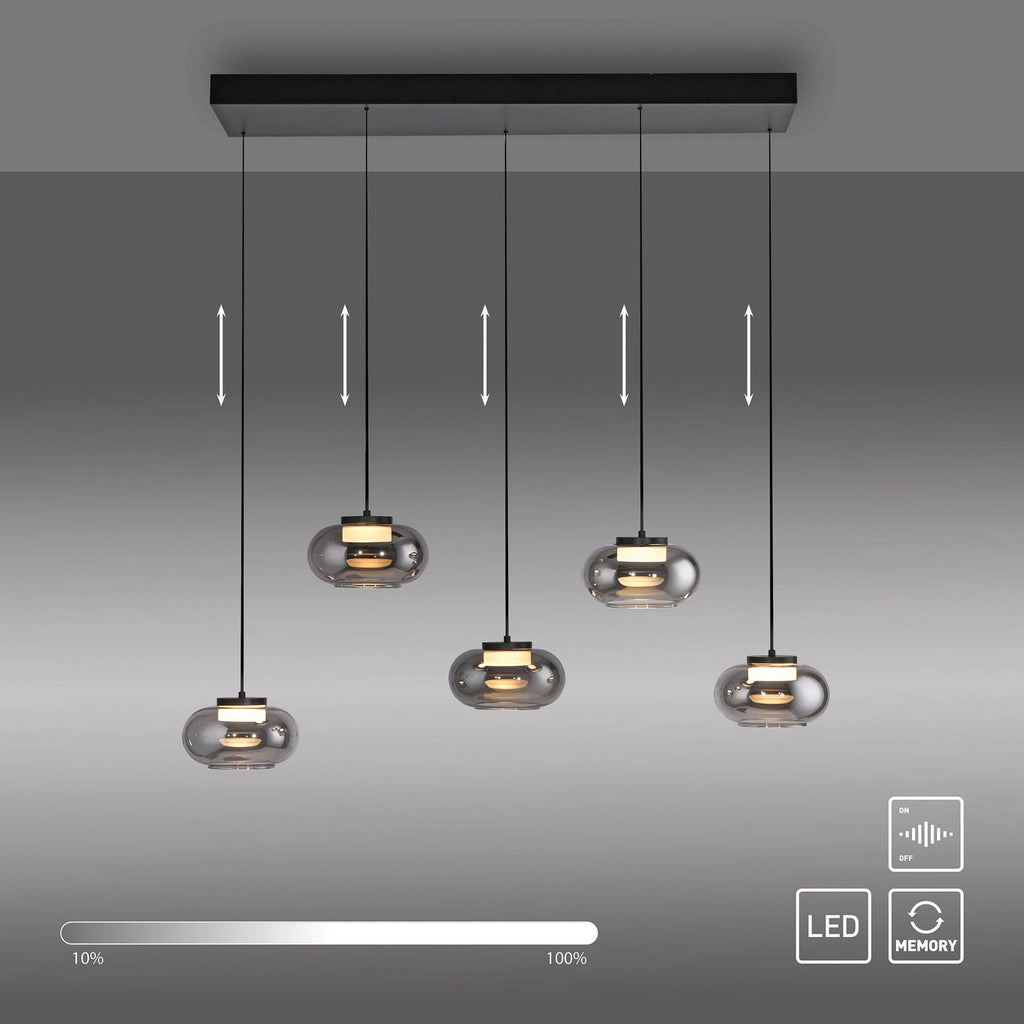 Sideprofil av LED pendellampe Sia 5-lys røykgrå glass