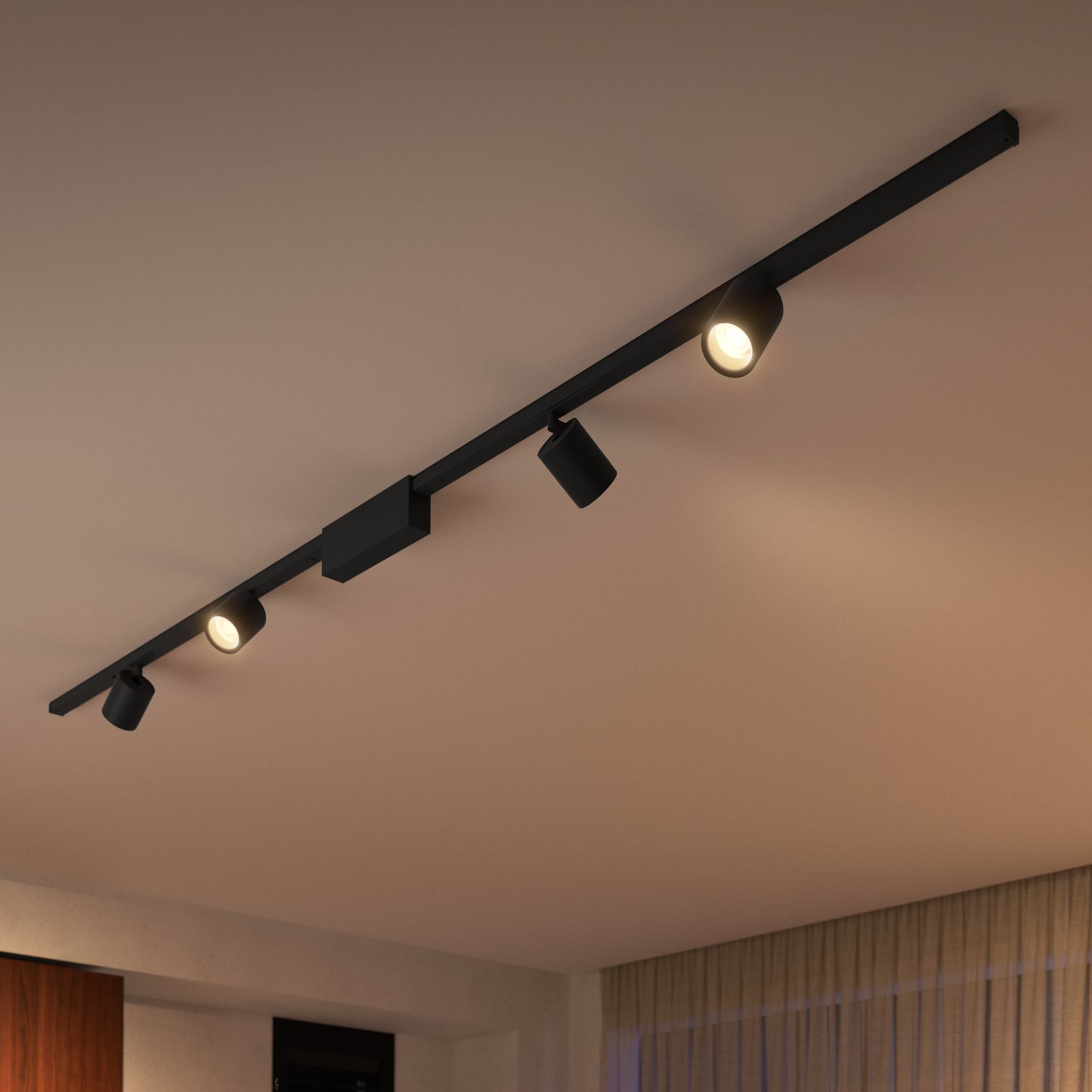Skinnesystem Perifo 4x spot svart dimbar RGB - Philips Hue forfra