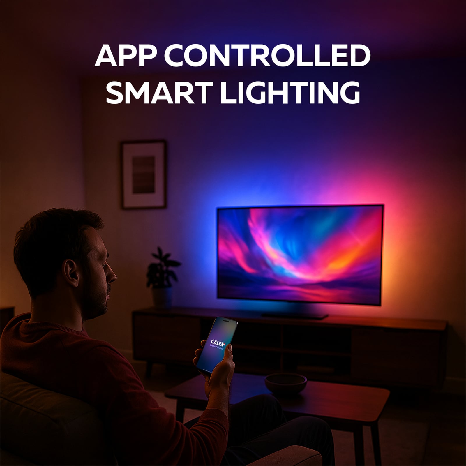 Smart HDMI Sync Box og LED-stripe montert ved TV