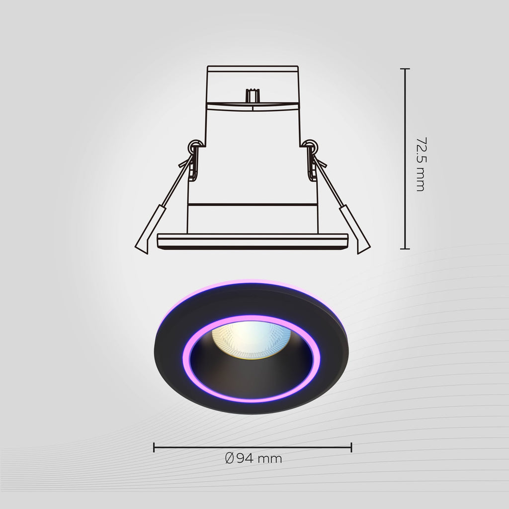 Smart innbyggingsspot Halo CCT RGB dimbar svart IP44 Calex detalj av lys