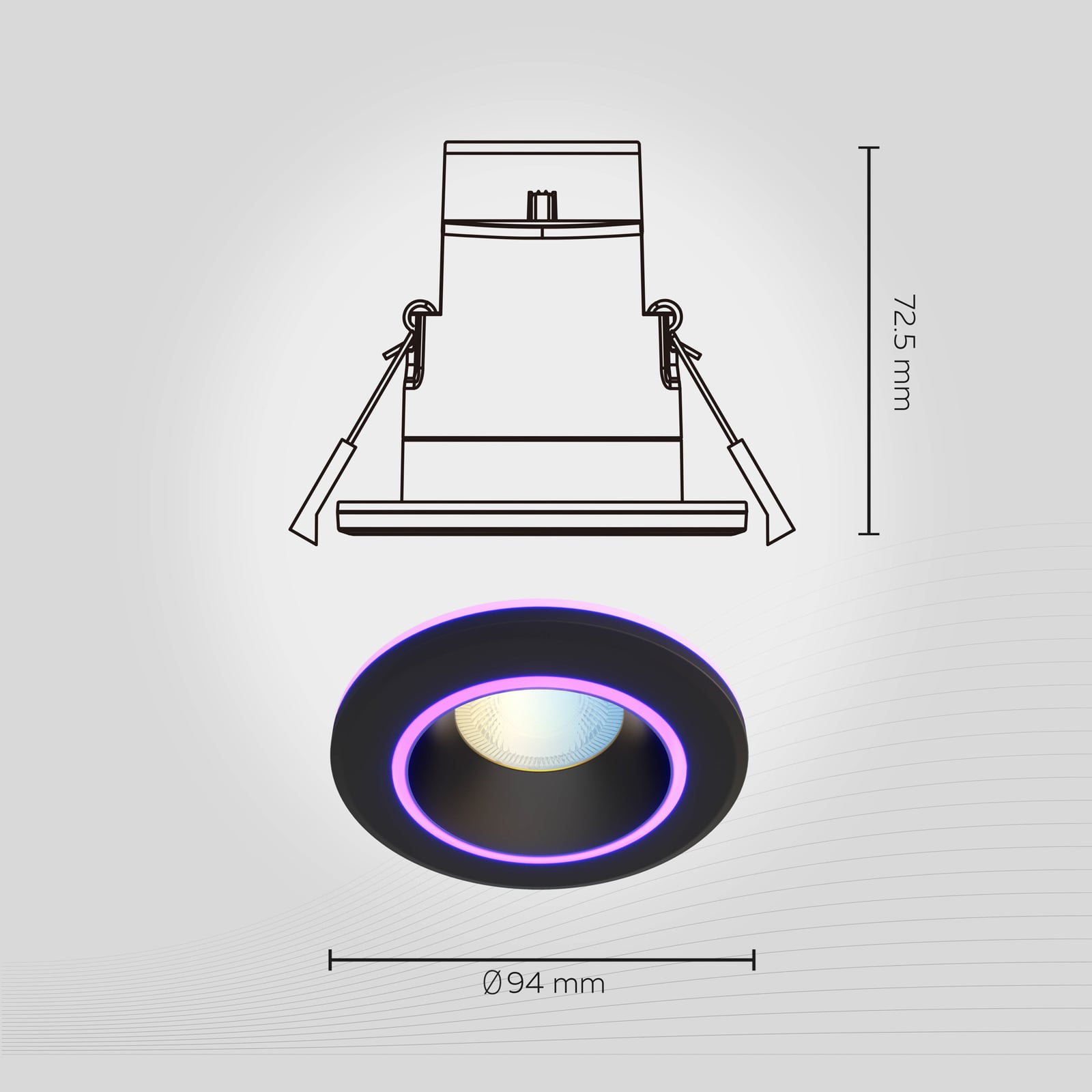 Smart innbyggingsspot Halo CCT RGB dimbar svart IP44 Calex detalj av lys