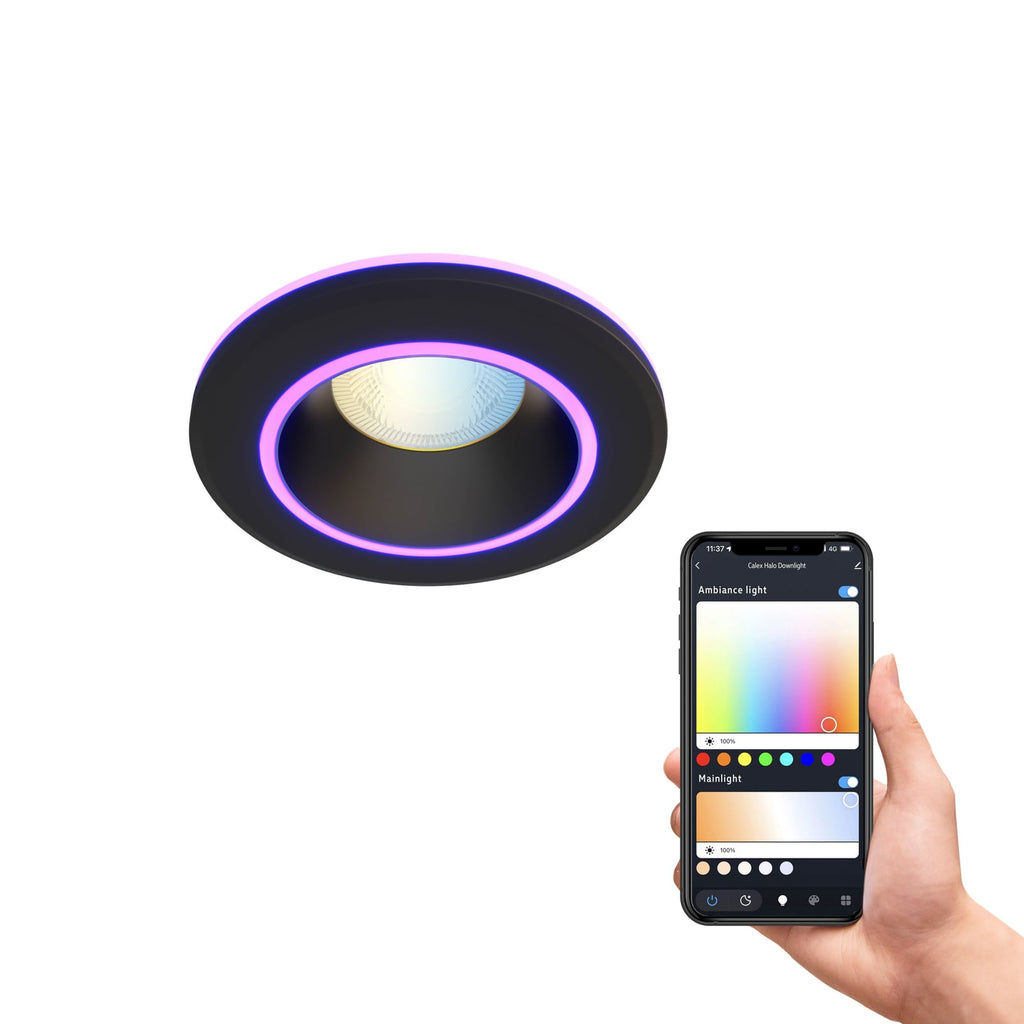 Smart innbyggingsspot Halo CCT RGB dimbar svart IP44 Calex montert i tak