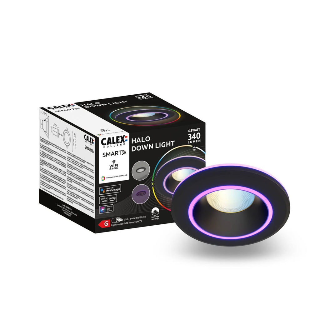 Smart innbyggingsspot Halo CCT RGB dimbar svart IP44 Calex nærbilde av kontrollpanel