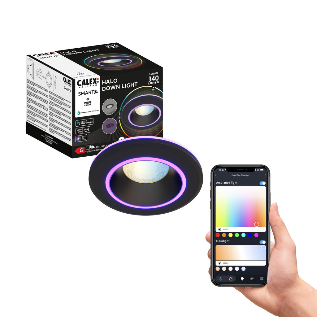 Smart innbyggingsspot Halo CCT RGB dimbar svart IP44 Calex lysmodus varmt hvitt