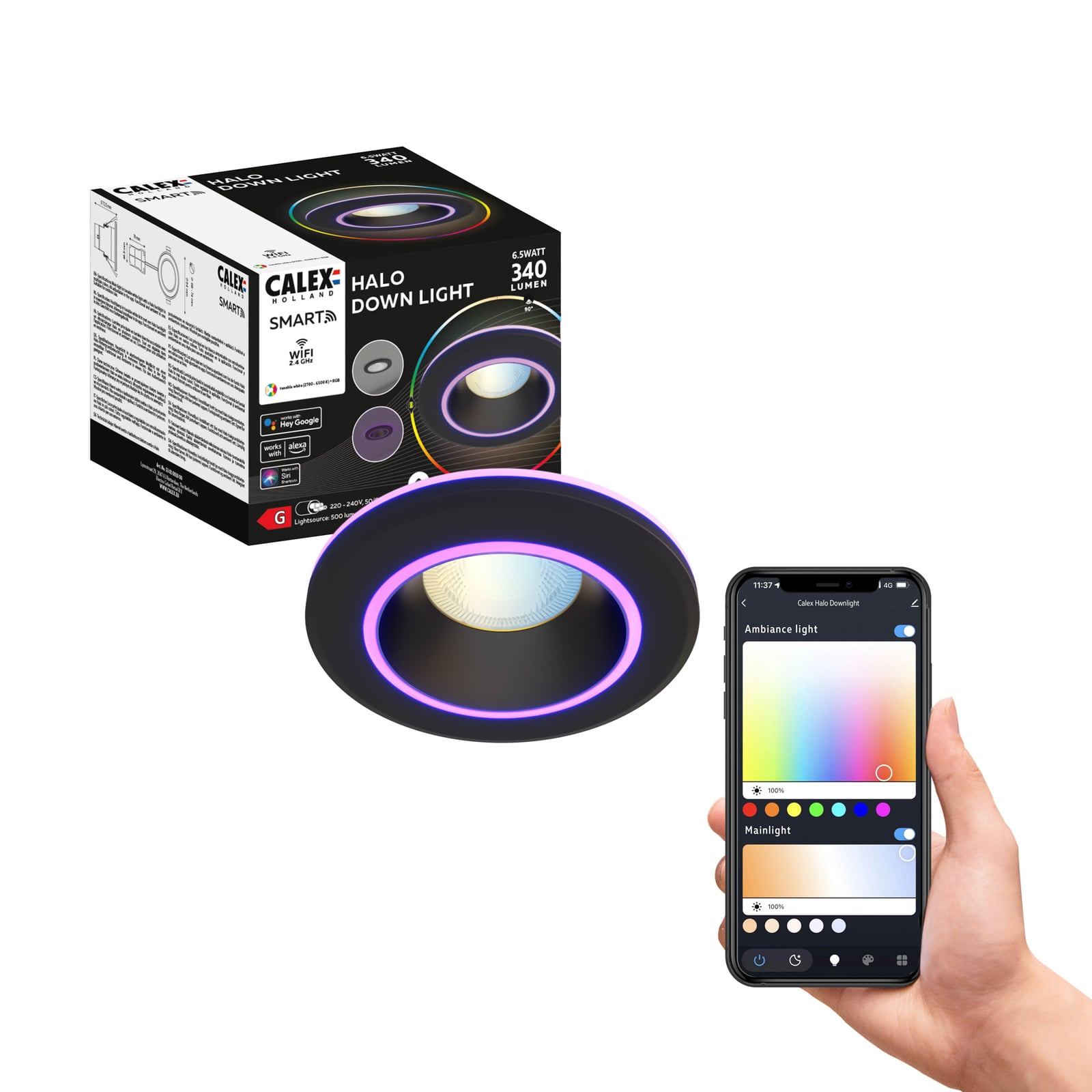 Smart innbyggingsspot Halo CCT RGB dimbar svart IP44 Calex lysmodus varmt hvitt