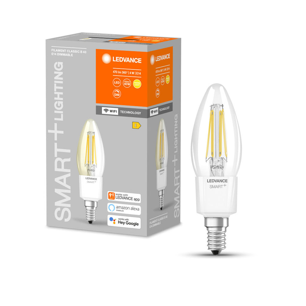 Smart LED filamentpære E14 4W kronelysform dimbar RGB bakside