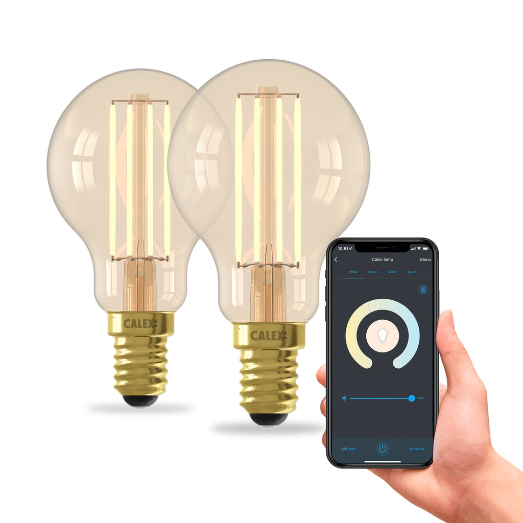 Smart LED-filamentpære E14 P45 4,5W 1800-3000K dimbar gull 2-pk forfra