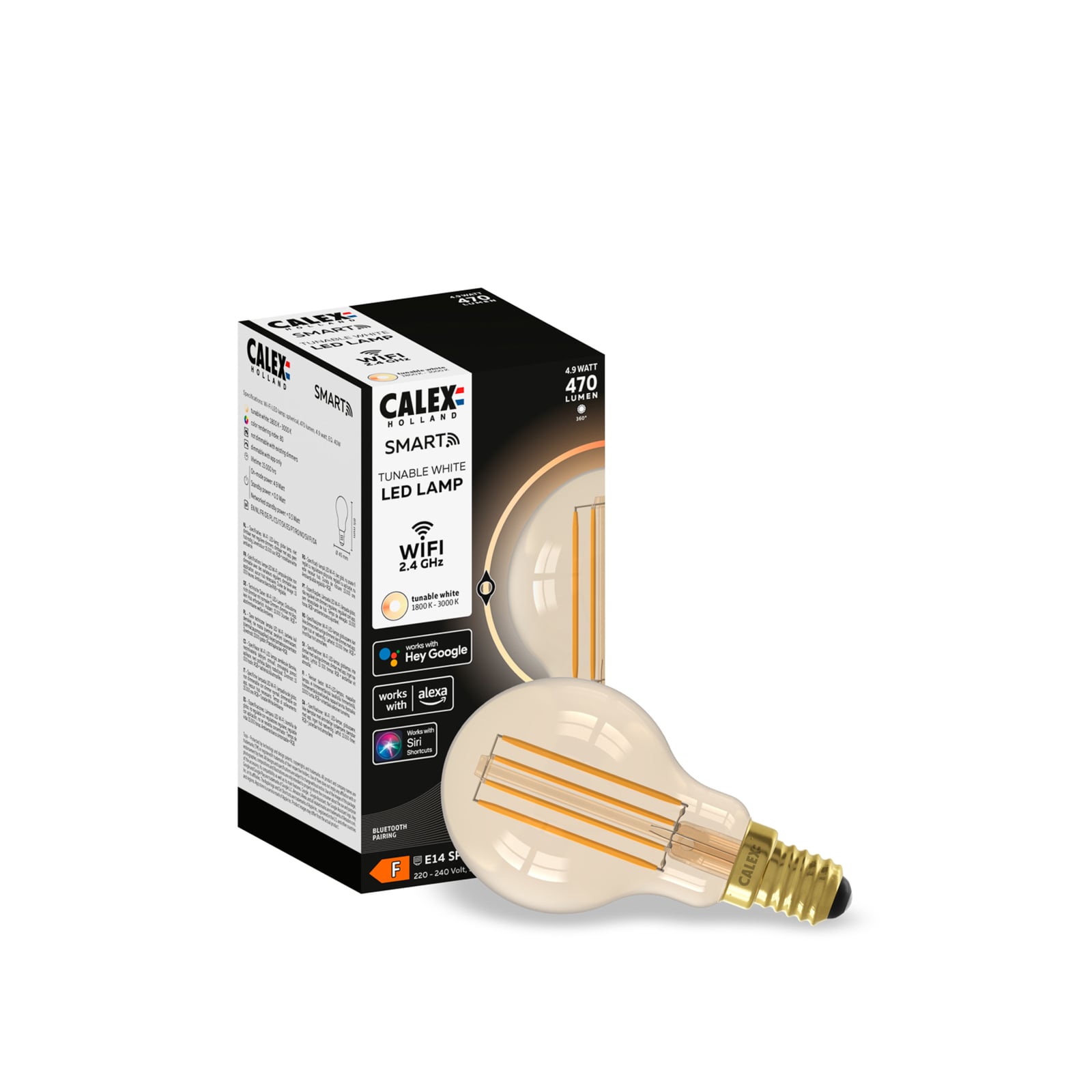 Smart LED-filamentpære E14 P45 4,5W 1800-3000K dimbar gull 2-pk detalj