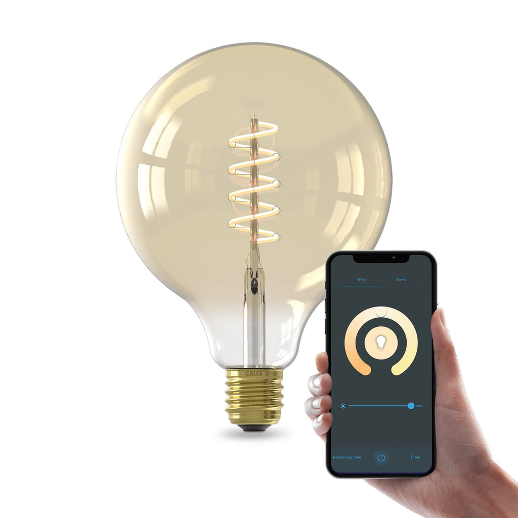 Smart LED filamentpære E27 7W G125 gull CCT dimbar Calex detalj av glass
