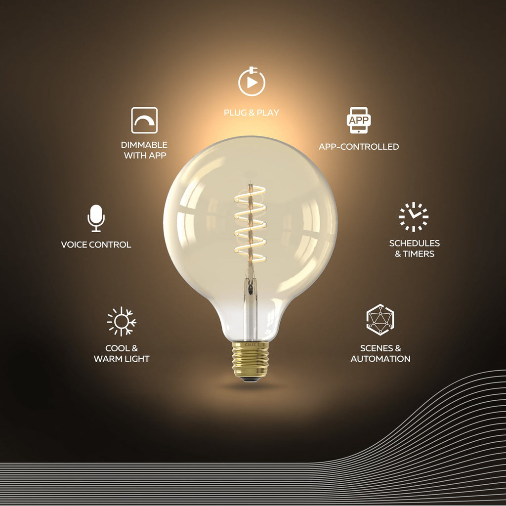 Smart LED filamentpære E27 7W G125 gull CCT dimbar Calex montert i lampe