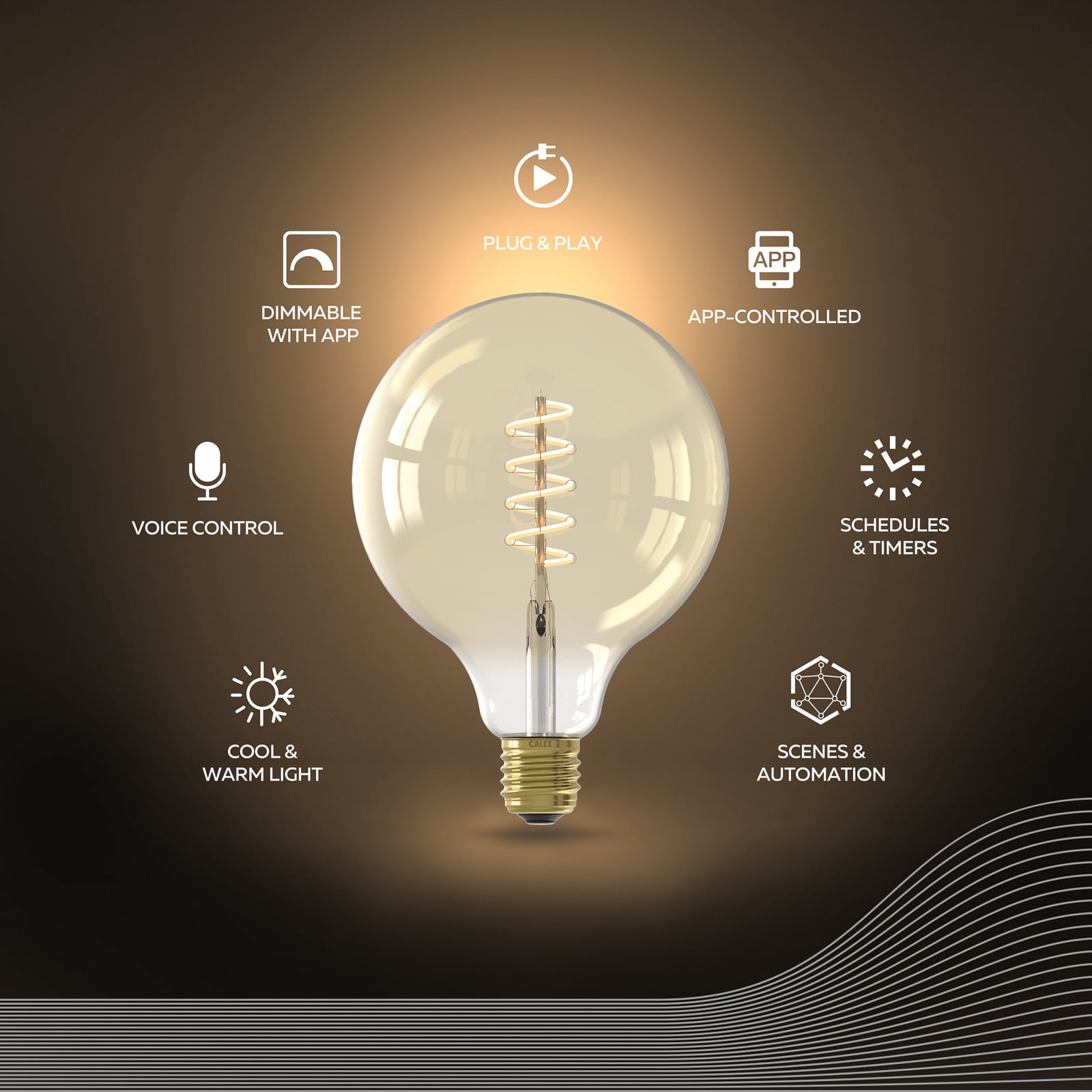 Smart LED filamentpære E27 7W G125 gull CCT dimbar Calex montert i lampe