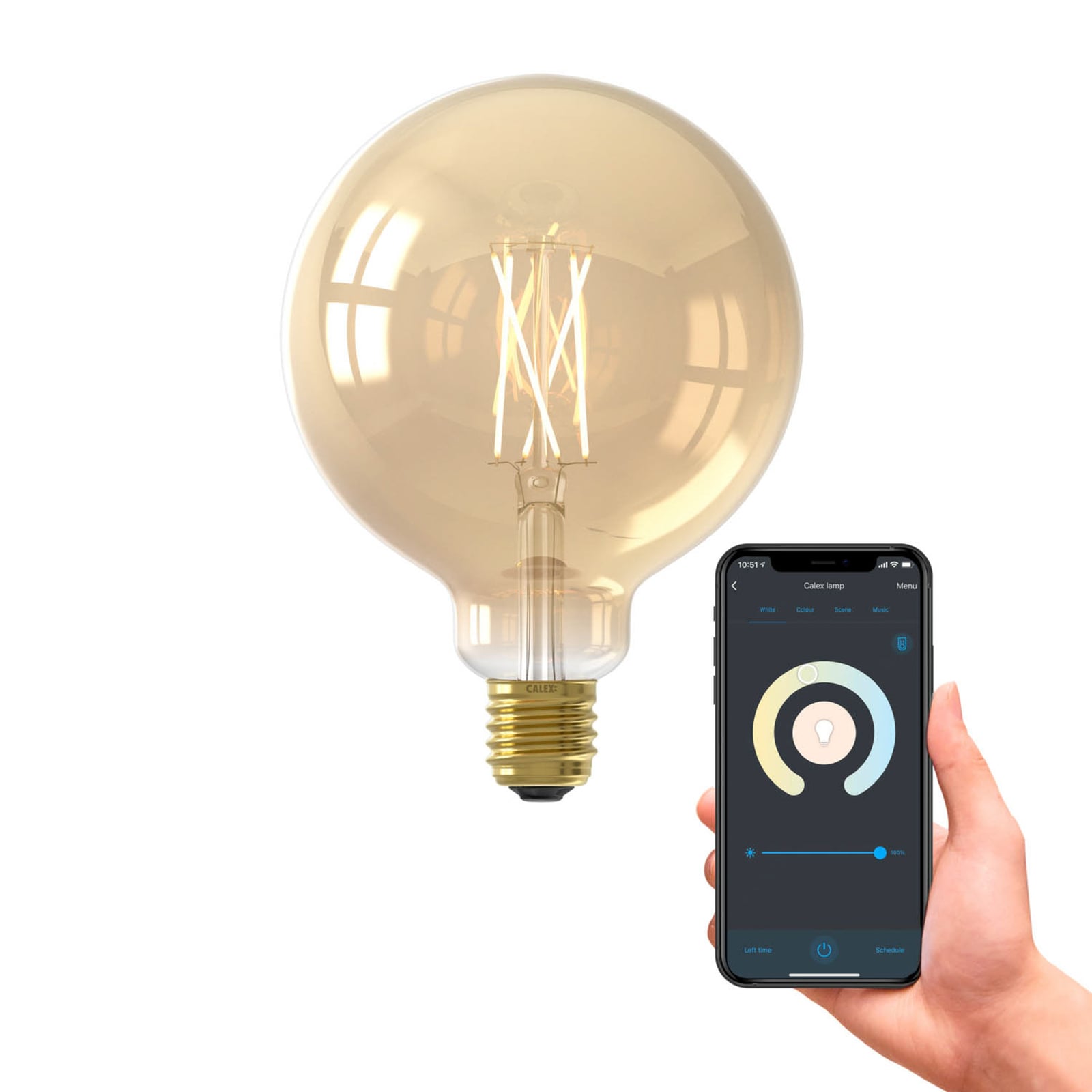 Nærbilde av LED-filament i Smart LED filamentpære E27 7W G125 gull Calex