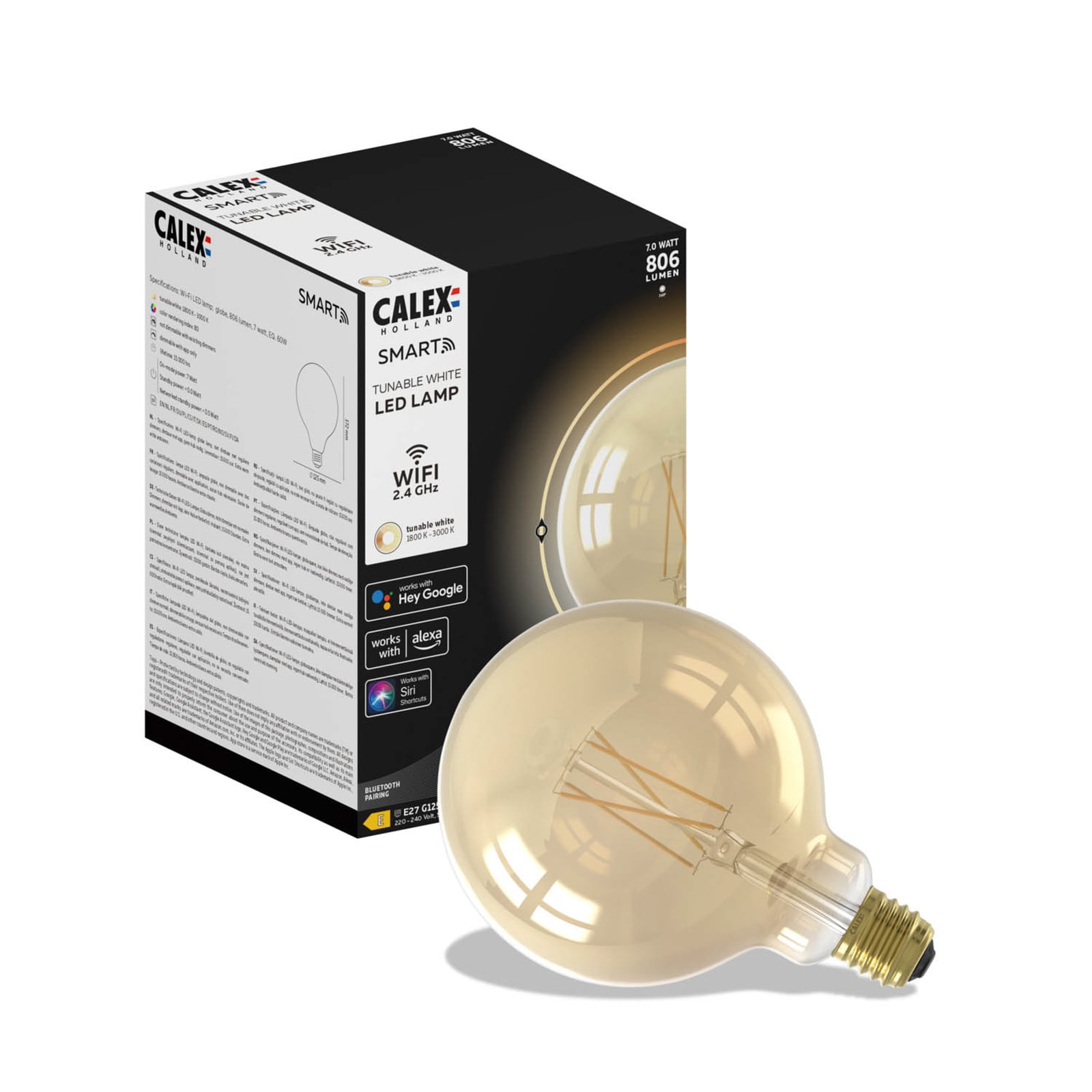 Smart LED filamentpære E27 7W G125 gull Calex appstyring skjermbilde
