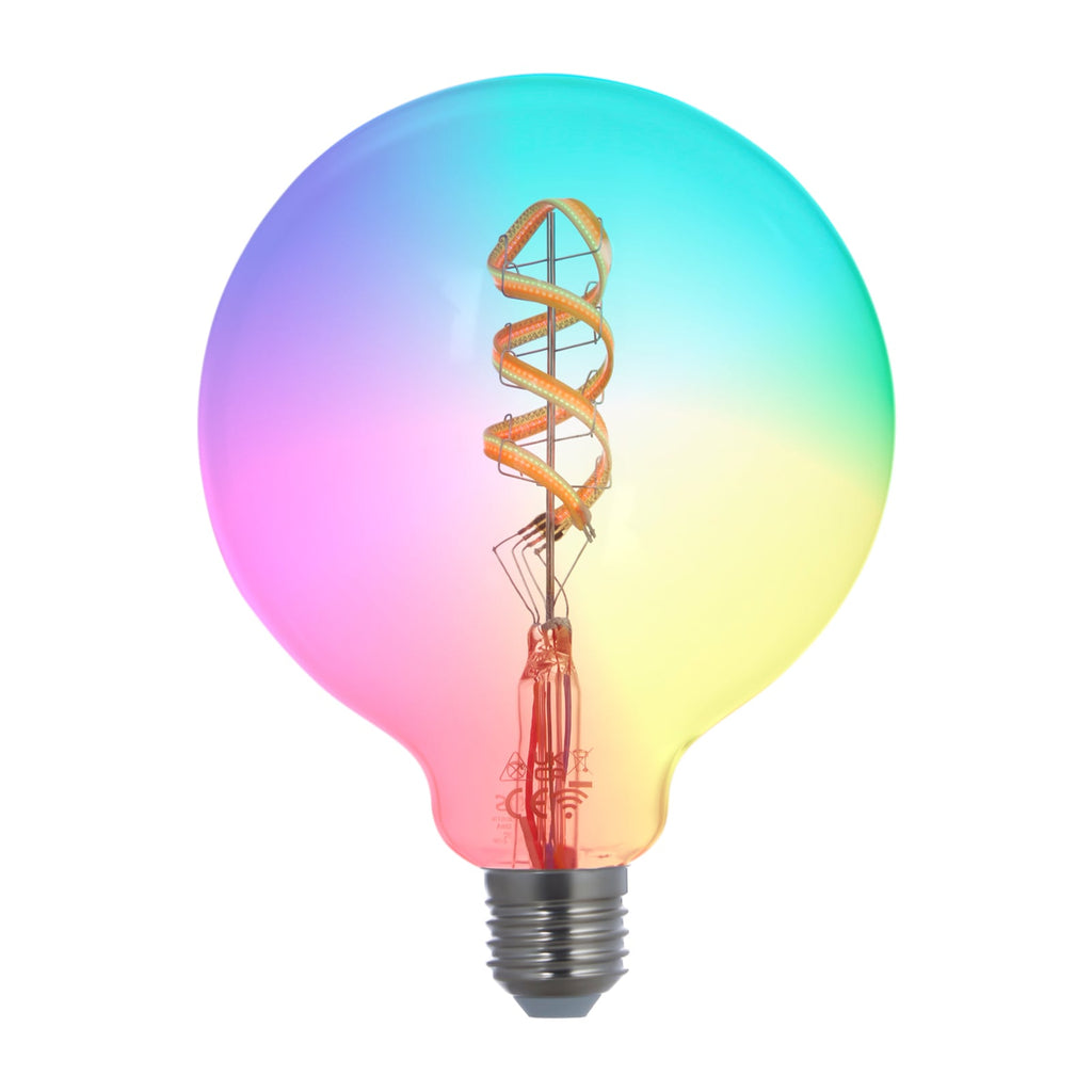 Smart LED-filamentpære E27 G125 4W RGB CCT klar dimbar forfra