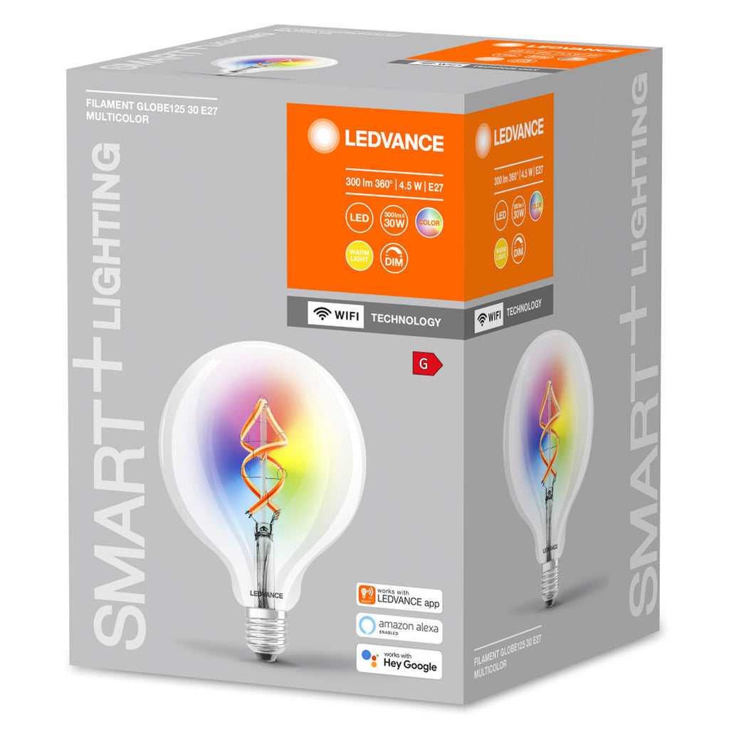 Smart LED filamentpære globe E27 4,5W RGBW dimbar WiFi - LEDVANCE SMART+ detalj av glass