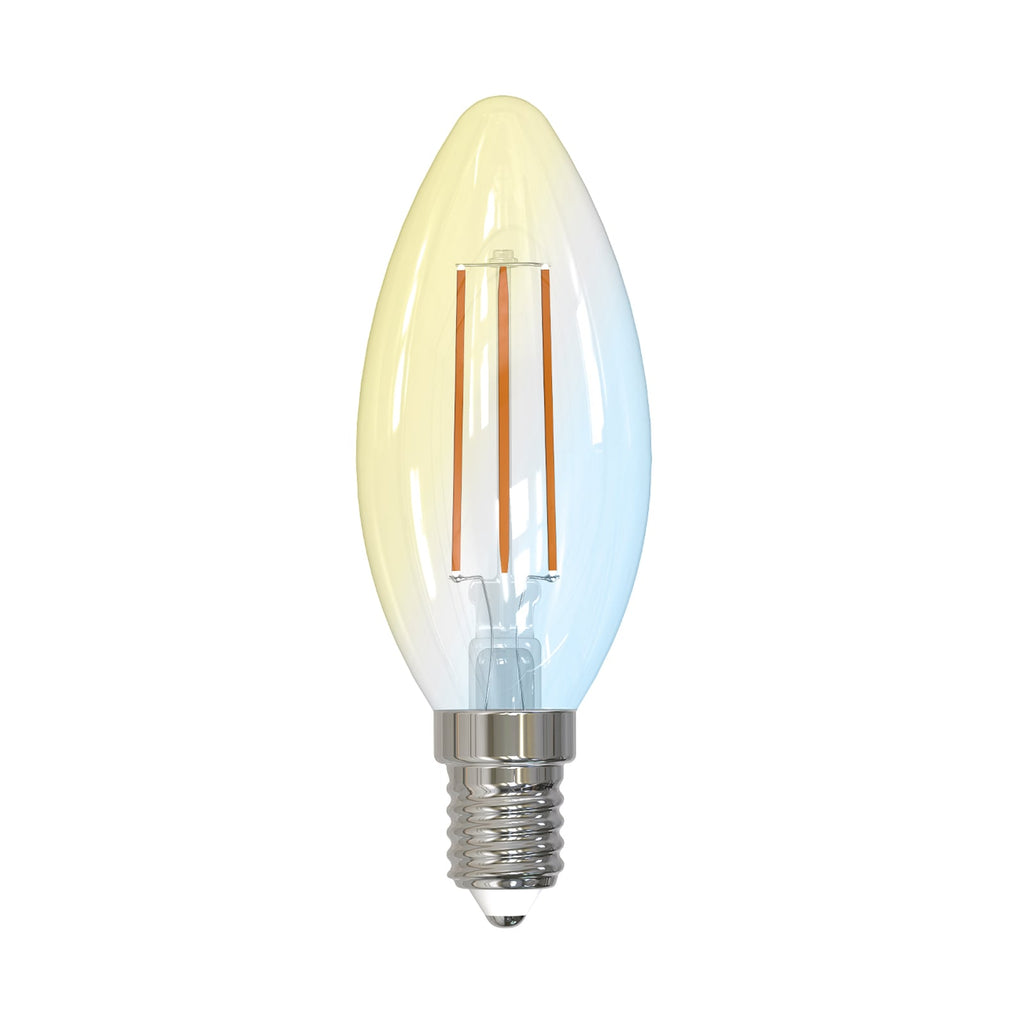 Smart LED filamentpære kronelysform E14 4,2W CCT klar Tuya forfra