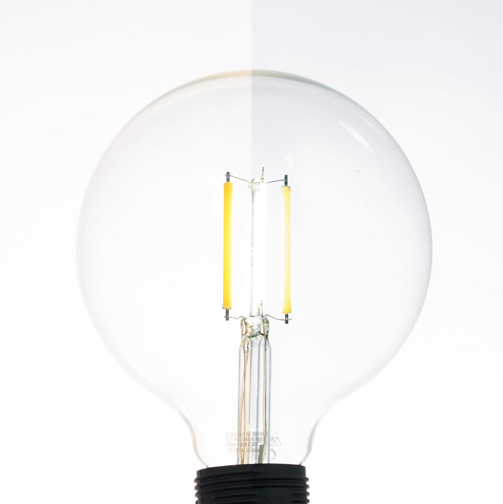 Nærbilde av klar glass på Smart LED-globepære E27 G125 7W klar CCT dimbar Zigbee - LUUMR