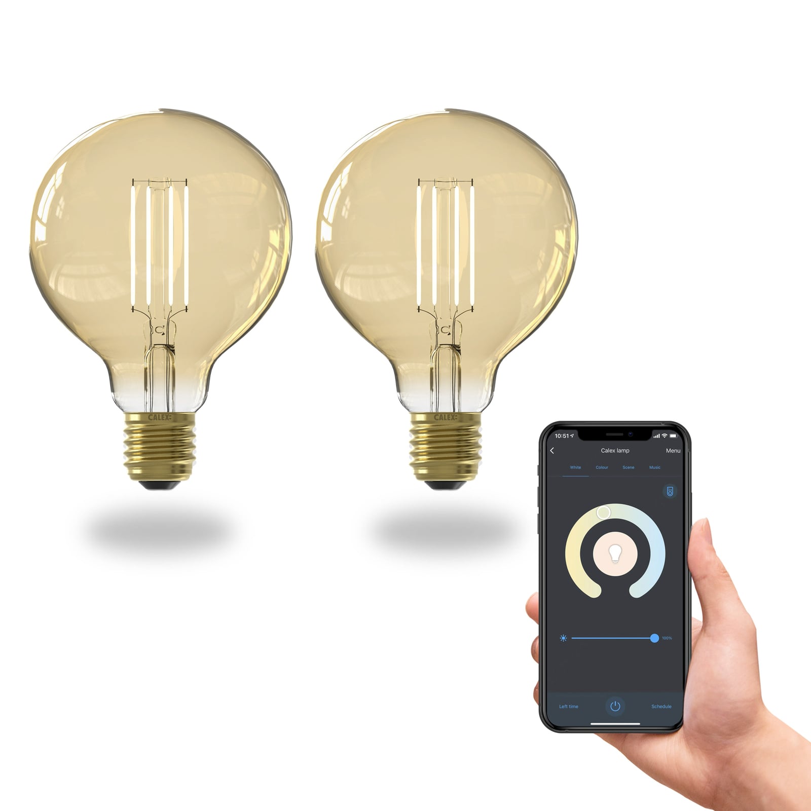Smart LED-globepære filament E27 G95 7W CCT 2-pk gull lys i mørke
