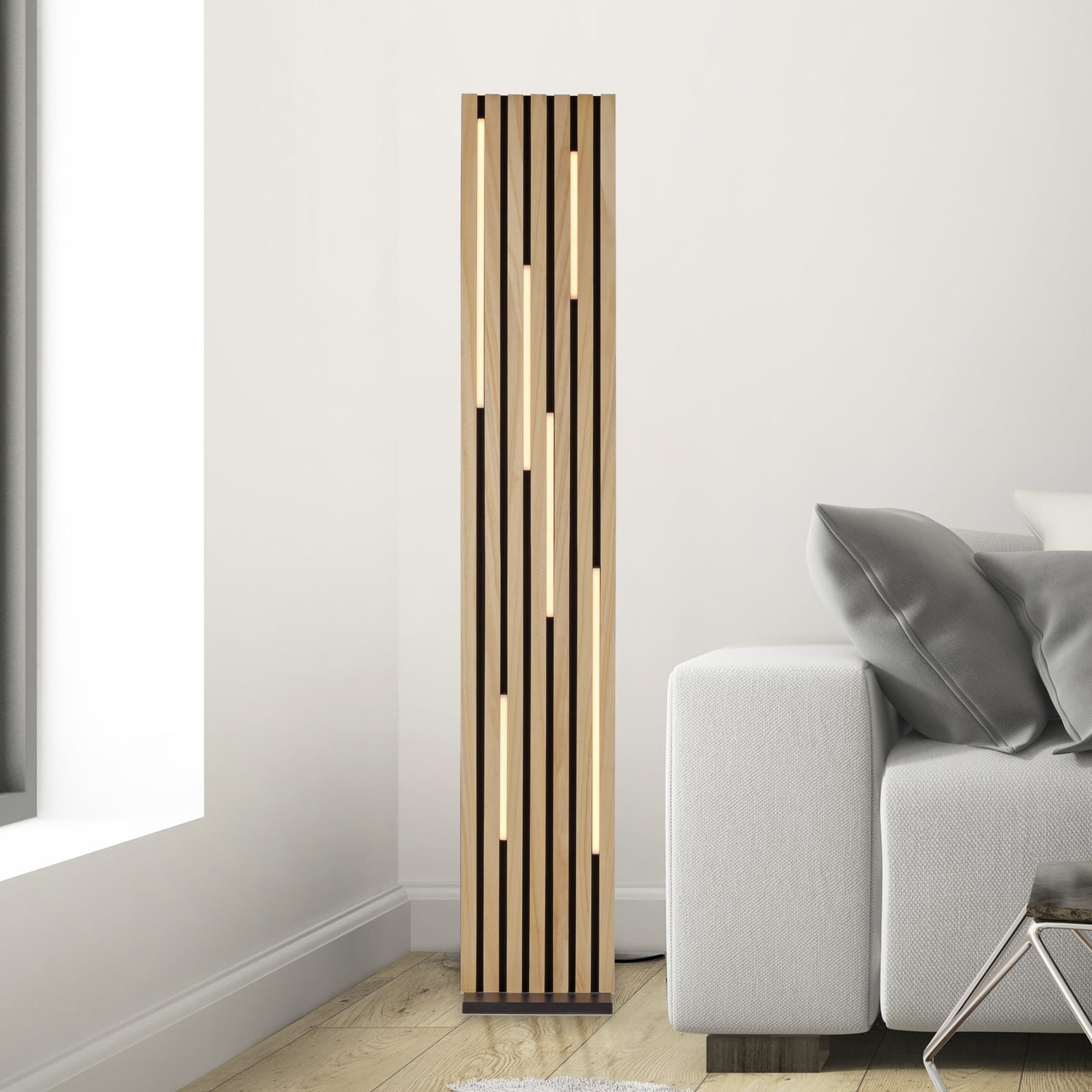 Smart LED-gulvlampe Q-Akustik tre/svart forfra