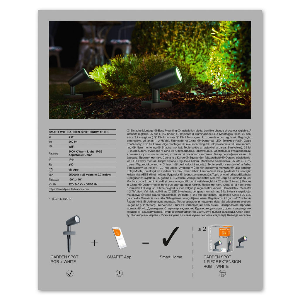 Smart LED-hagespot WiFi RGB dimbar IP65 - LEDVANCE SMART+ appstyring