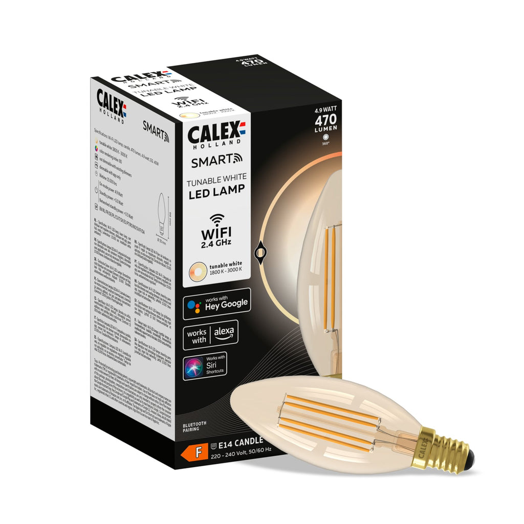 Smart LED-kronelys E14 filament 4,9W 1800-3000K dimbar gull side