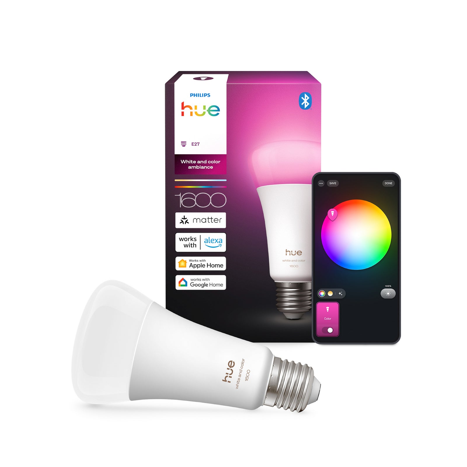 Smart LED-pære E27 11,8W 1600lm CCT RGB dimbar Philips Hue appstyring
