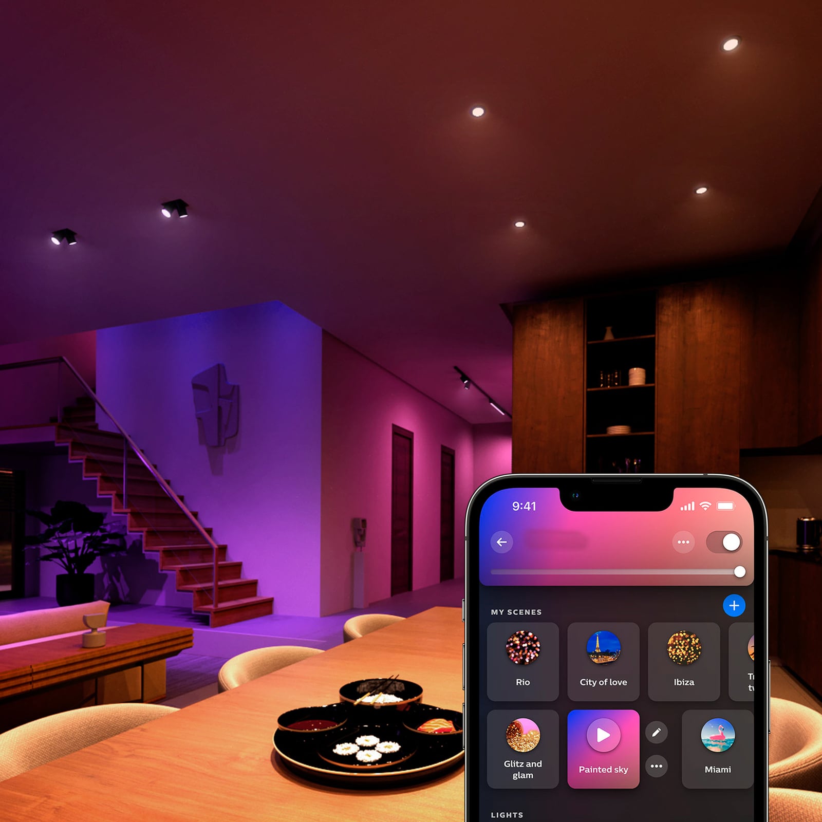 Smart LED-reflektor GU10 4,2W RGBW dimbar Bluetooth Zigbee - Philips Hue montert i lampe