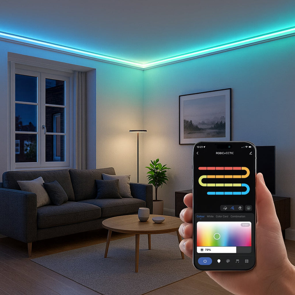 Smart LED-stripe 20 m RGB CCT med fjernkontroll 24W Calex montert