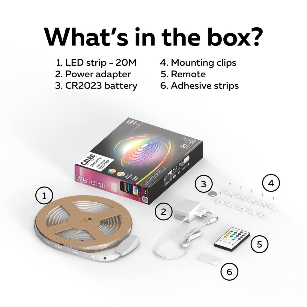 Smart LED-stripe 20 m RGB CCT med fjernkontroll 24W Calex appstyring