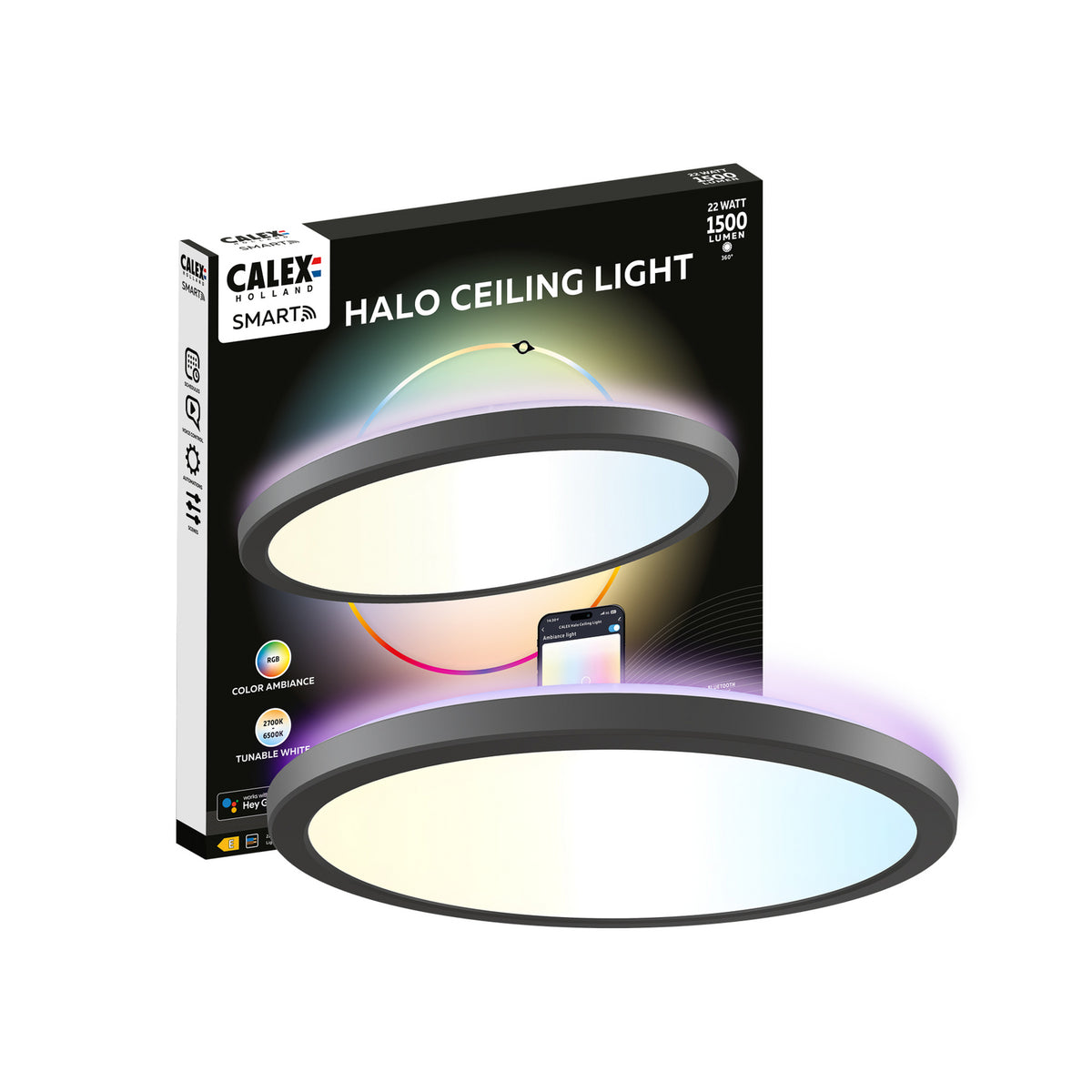 Smart LED taklampe HALO Ø30 cm svart dimbar bakside