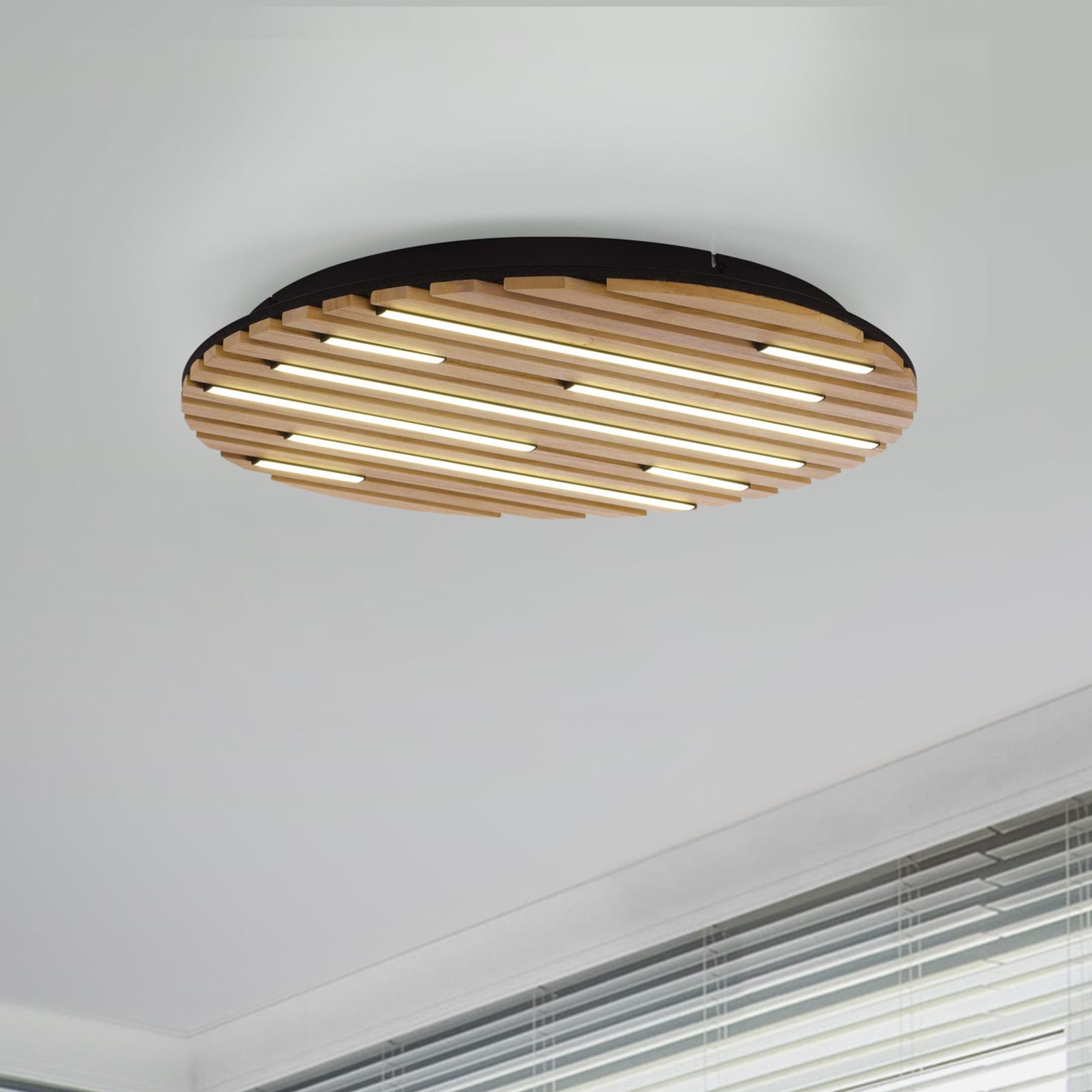 Smart LED taklampe Q-Akustik tre/svart dimbar Ø60 cm forfra