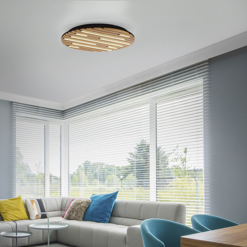 Smart LED taklampe Q-Akustik tre/svart dimbar Ø60 cm bakside