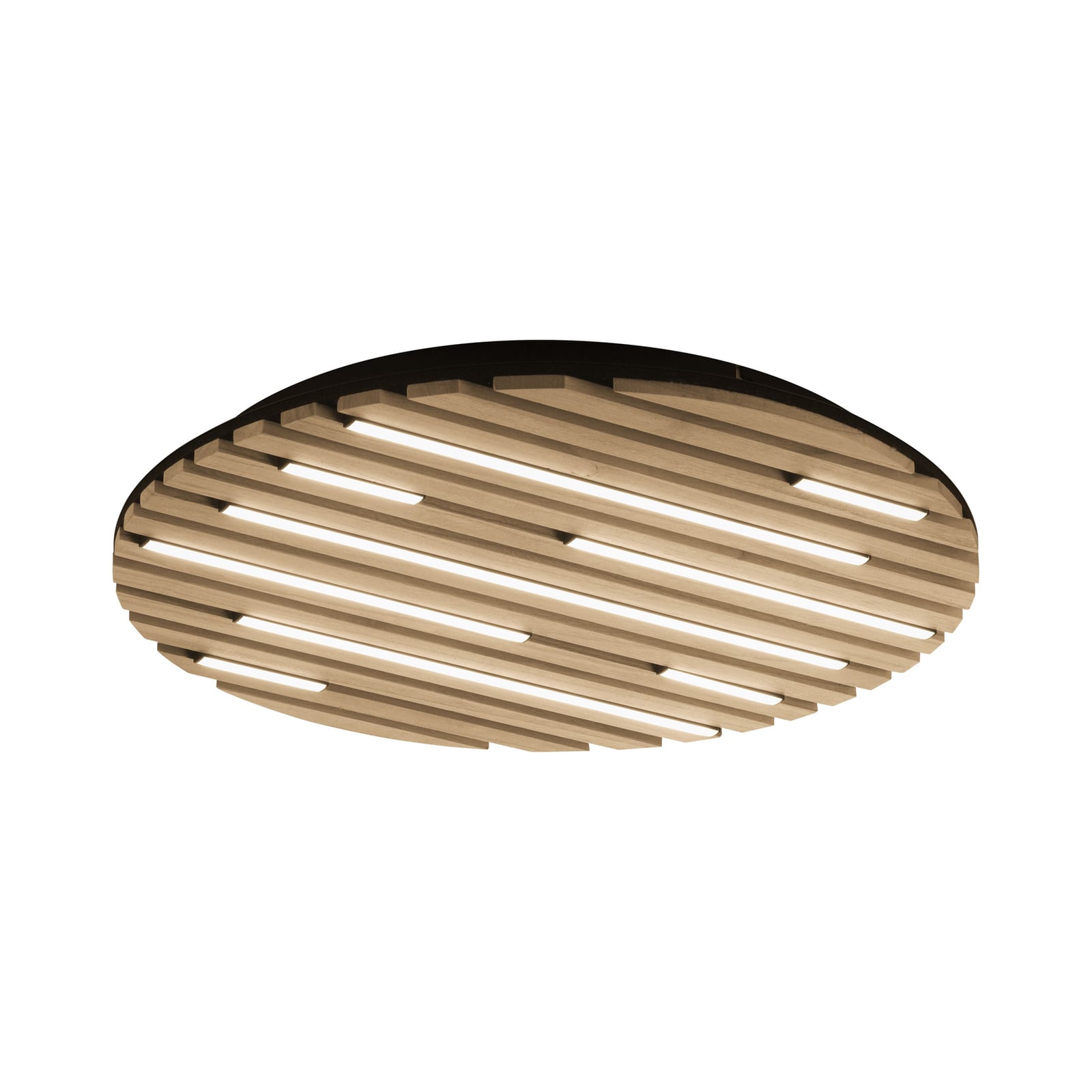 Smart LED taklampe Q-Akustik tre/svart dimbar Ø60 cm detalj trepanel