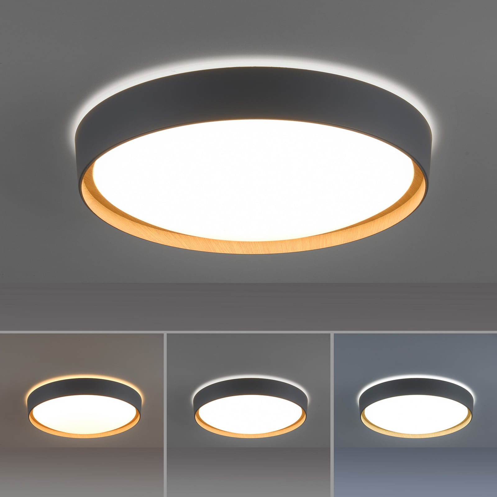 Smart LED-taklampe Q-EMILIA grå/tre fjernkontroll detalj