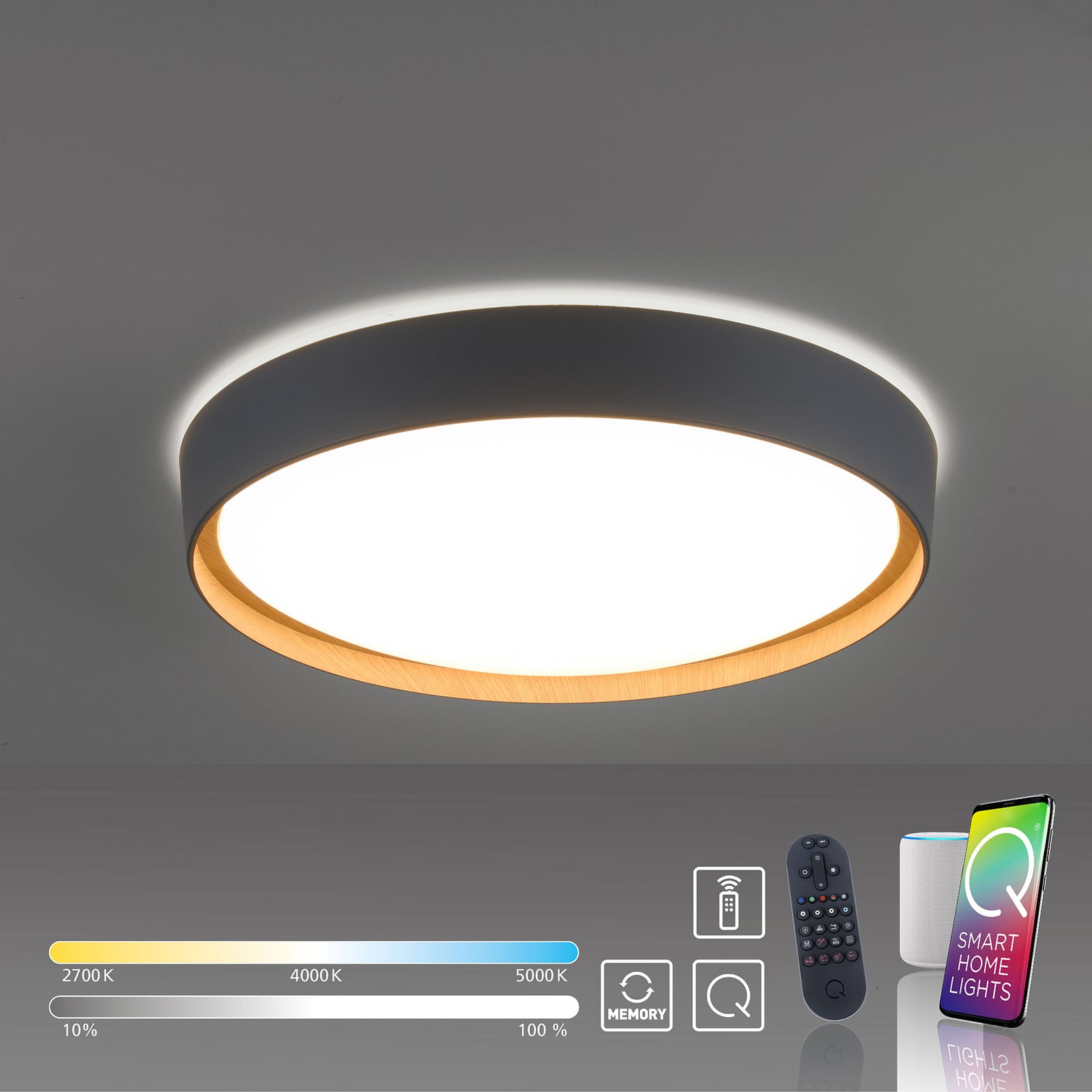 Smart LED-taklampe Q-EMILIA grå/tre ZigBee smartstyring app