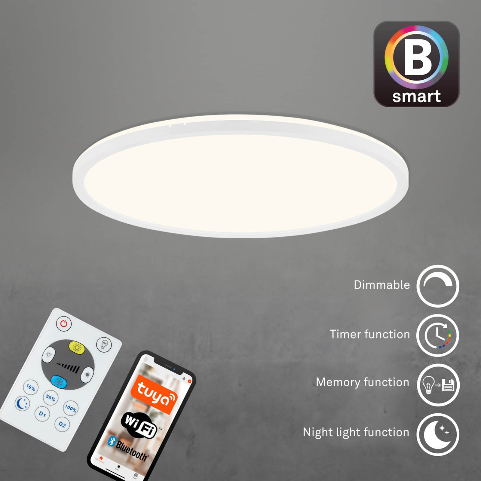 Smart LED-taklampe Slim S dimbar CCT hvit Ø45 cm sideprofil