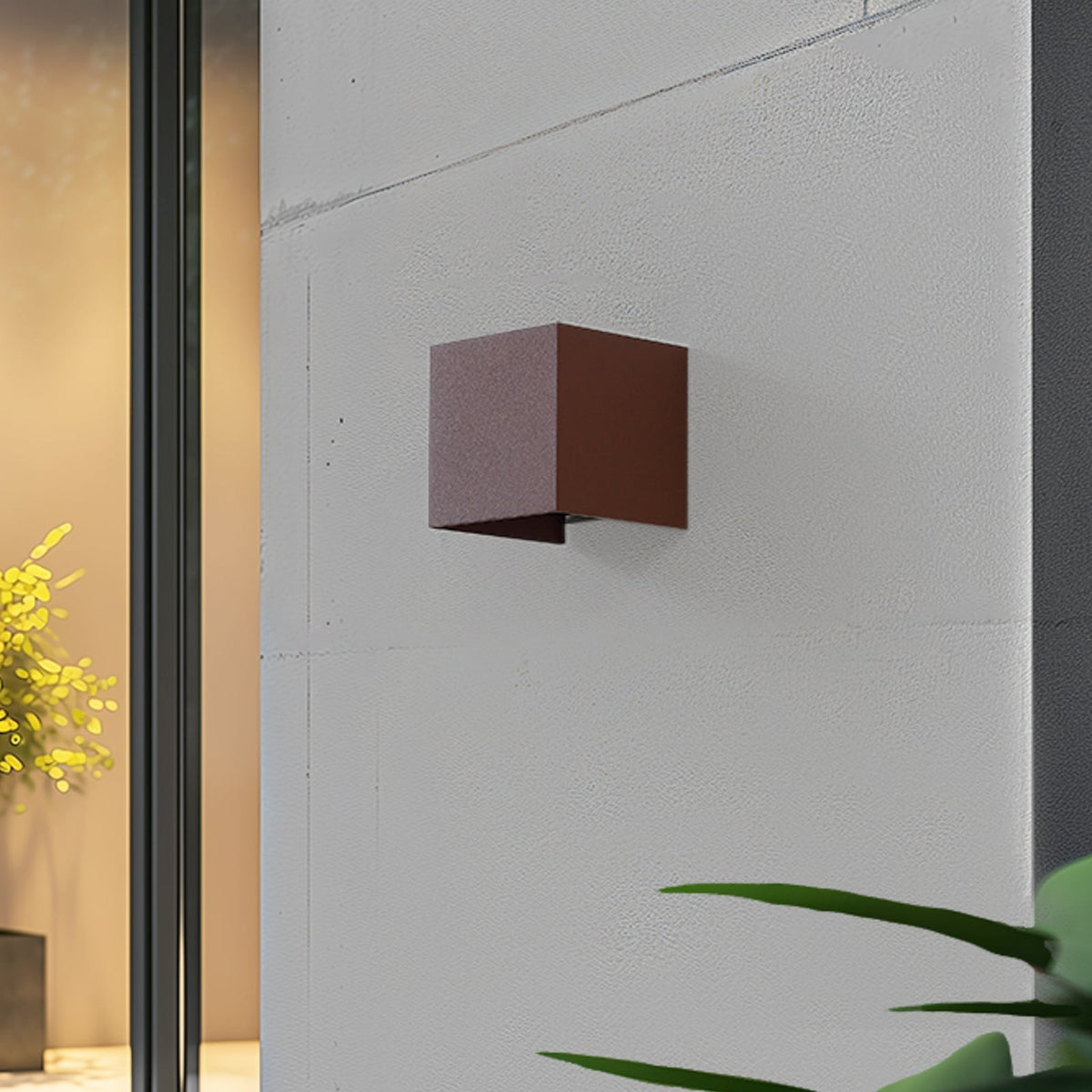 Smart LED utevegglampe Dara firkantet rustfarget bakside og monteringsdetaljer