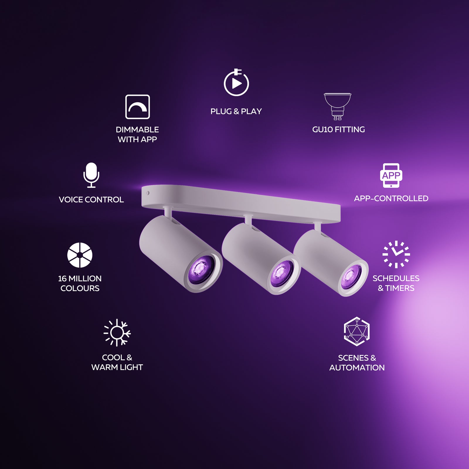 Smart takspot 3-lys hvit metall 37 cm GU10 RGB dimbar - Calex montert