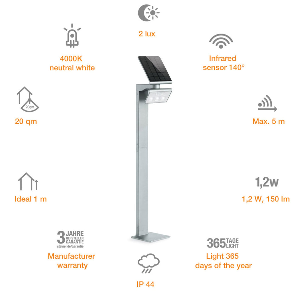Solar LED pullertlys XSolar GL-S med bevegelsessensor sølv IP44 nærbilde av panel