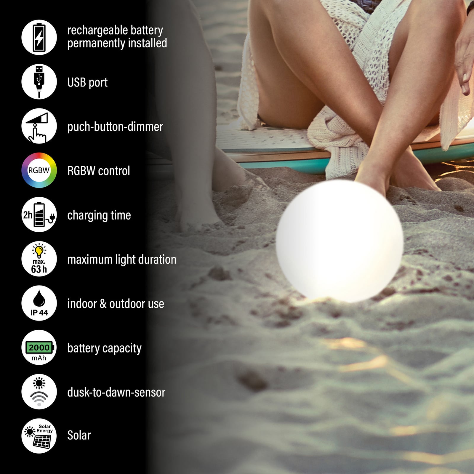 Solcelle bordlampe Busso hvit dimbar RGB side