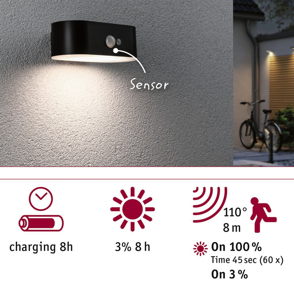 Solcellepanel på Solcelle utevegglampe Adya med bevegelsessensor svart IP44