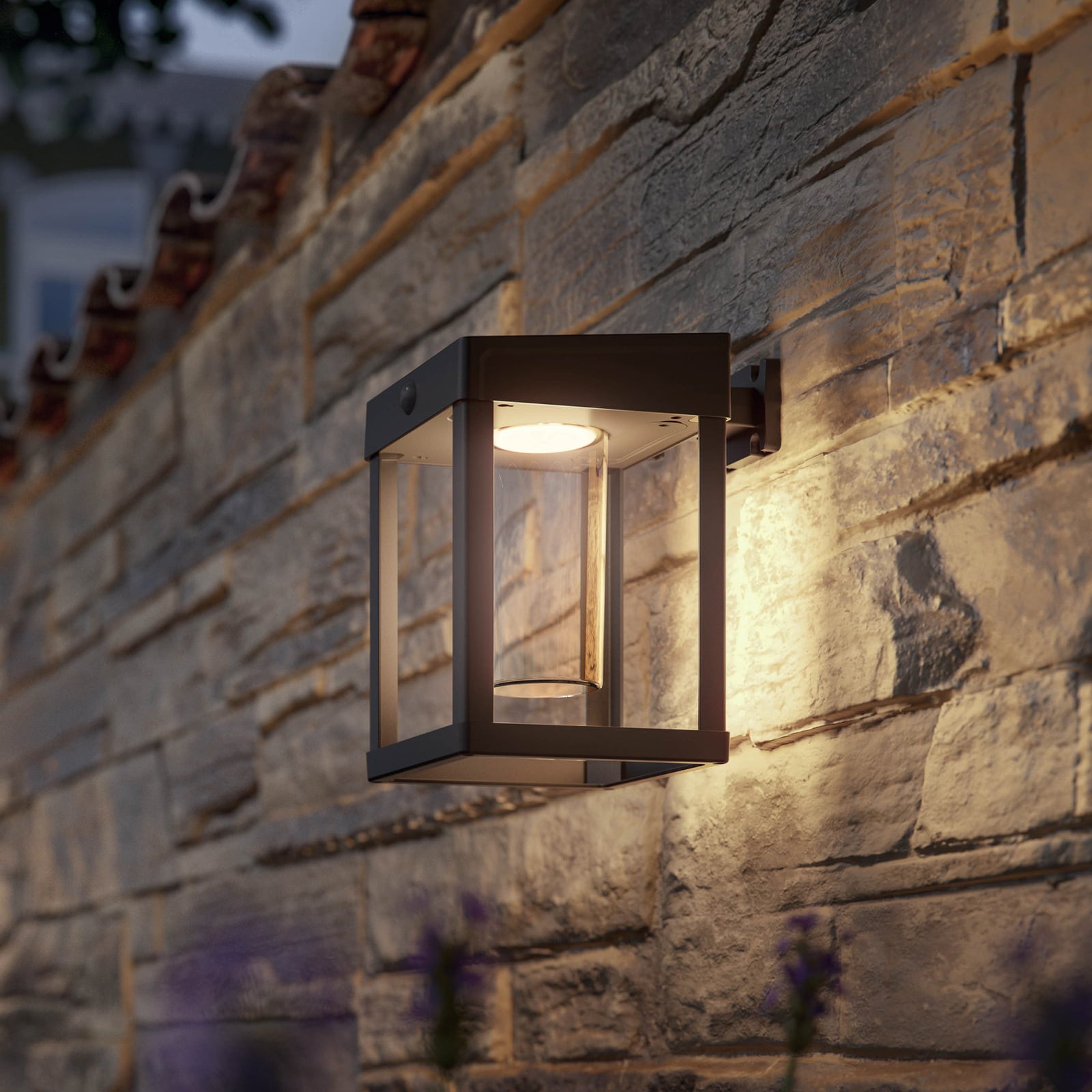Solcelle utevegglampe Camill med bevegelsessensor svart Philips forfra