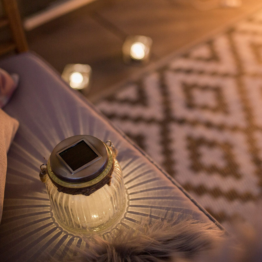 Solcellebordlampe Jar glass med skumringssensor IP44 forfra