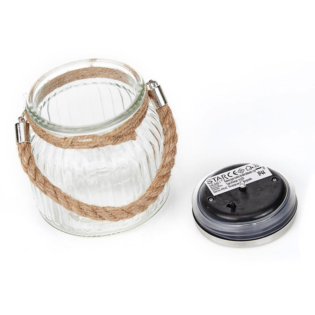 Nærbilde av sisal hank på Solcellebordlampe Jar glass med skumringssensor IP44